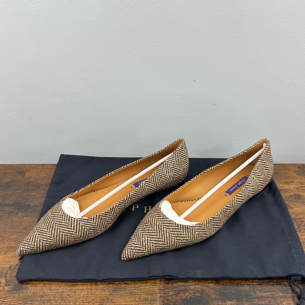 Ralph Lauren Purple Label Herringbone Pointed Toe Flats Brown Wool Shoes W39 NIB - Picture 9 of 10